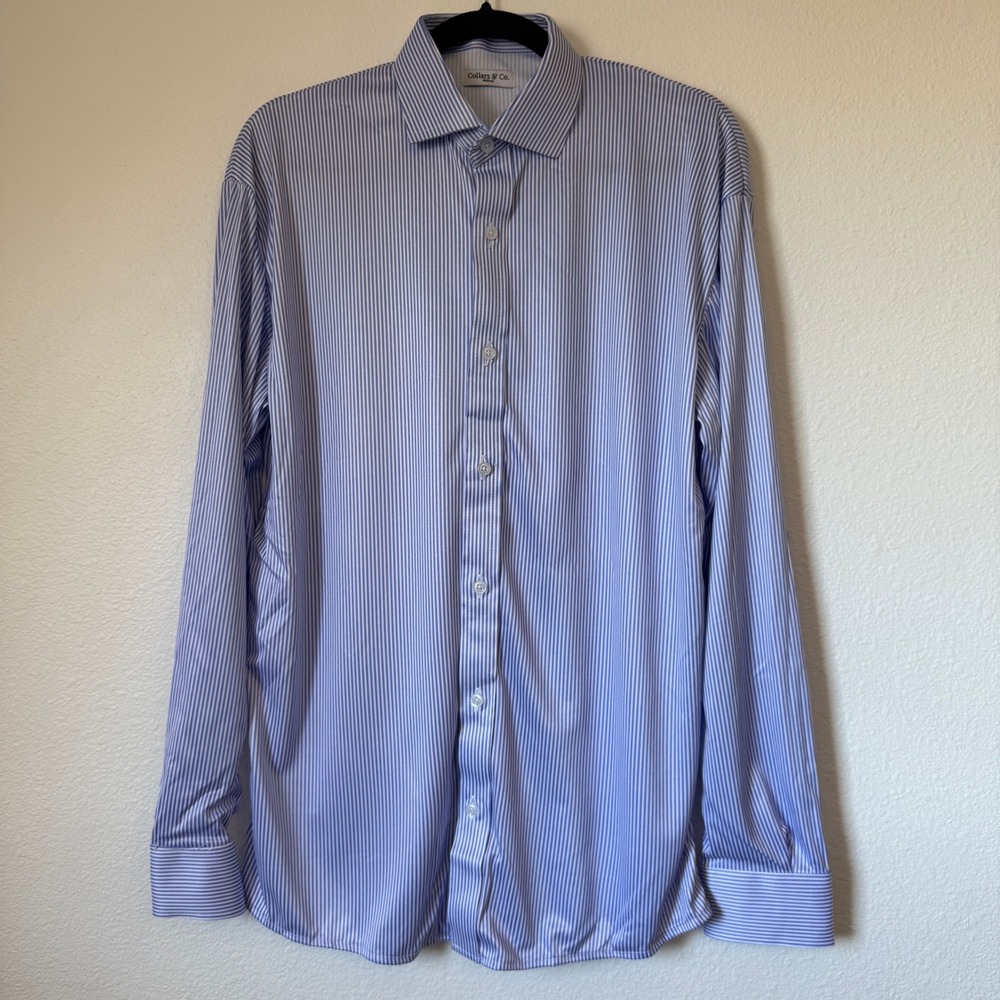 Collars & Co Mens Dress Collar Polo Shirt Medium Blue White Striped Performance